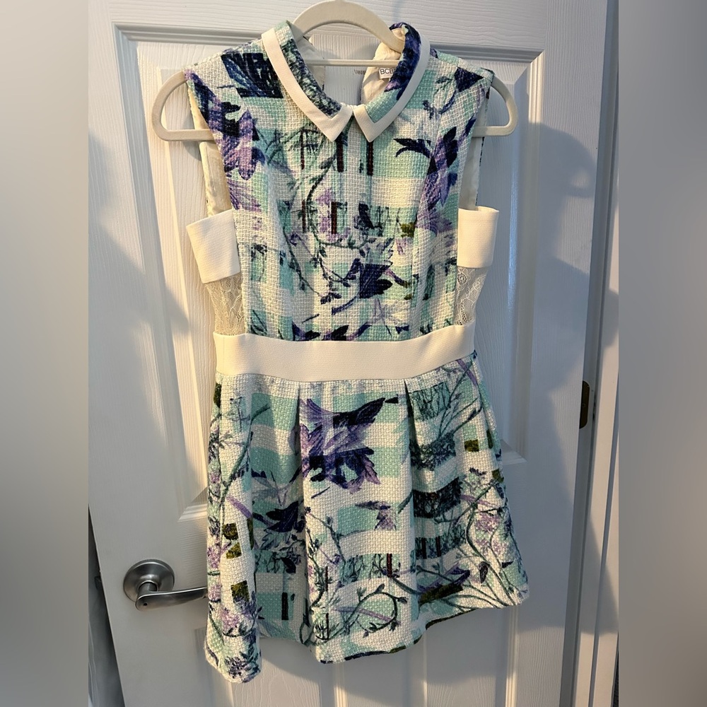 BCBGeneration Light Aqua Blue & Purple Tweed Collar Open Back Side Laced Dress 0
